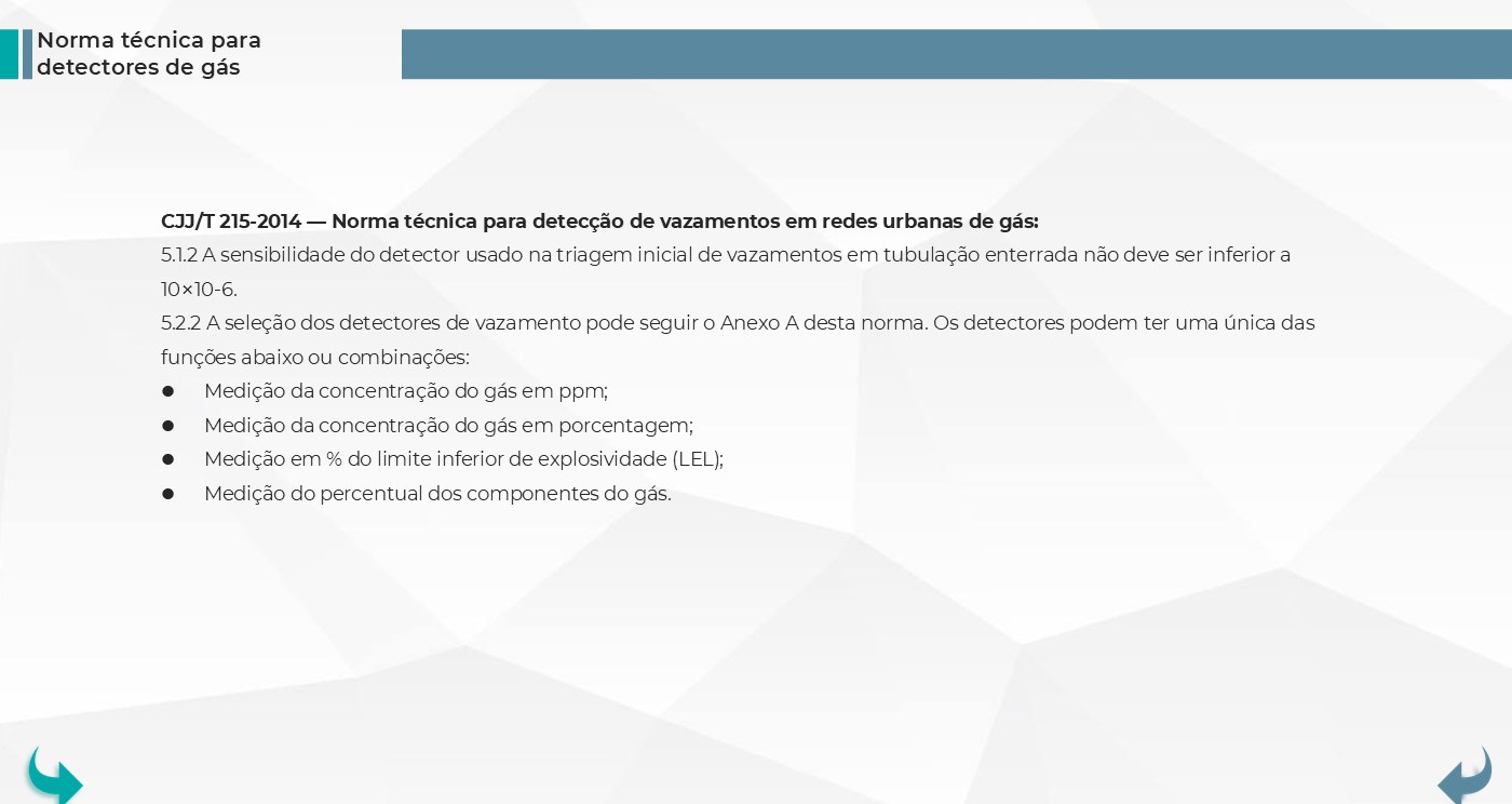 Conformidade com a norma CJJ/T 215-2014 (detecção de vazamentos em redes urbanas de gás)
